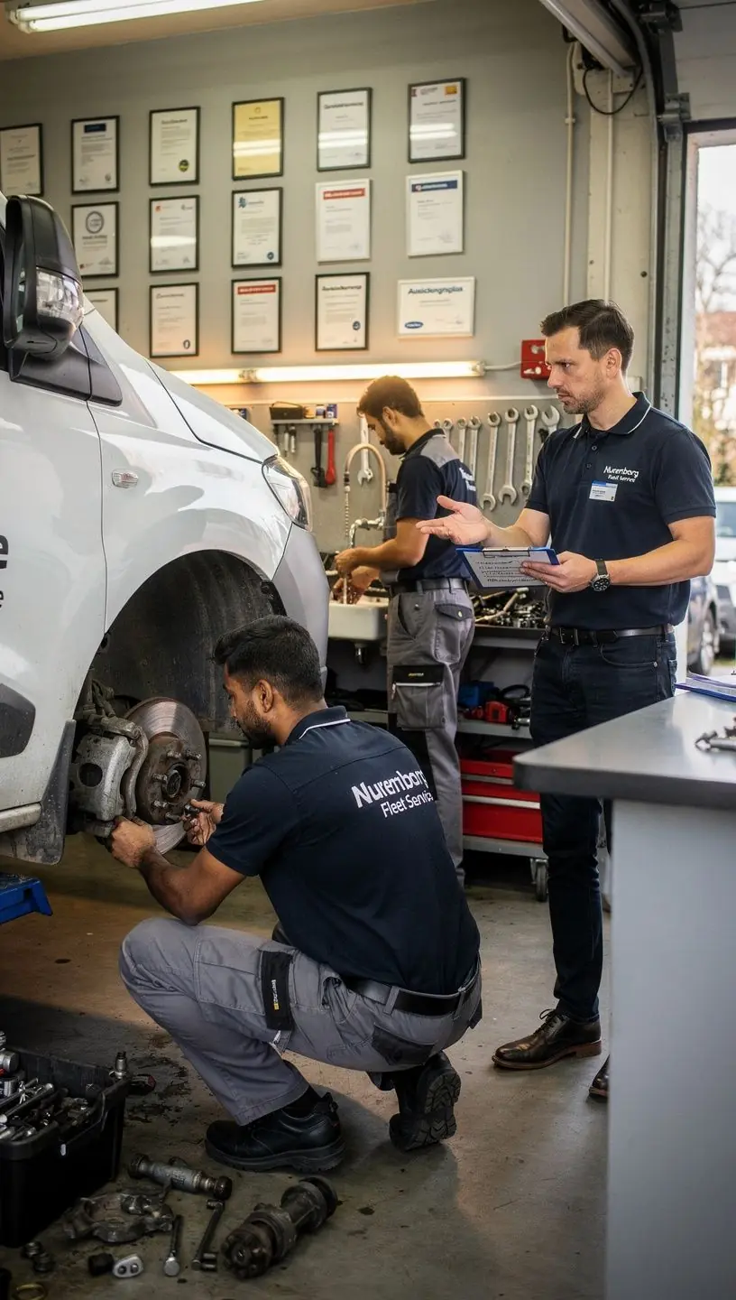 Mehrere Transporter stehen geordnet in Werkstatt, bereit für planmäßige Wartung und technische Überprüfung.