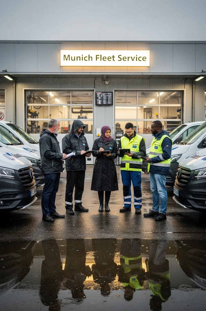 Nahaufnahme eines Mechanikers, der Bremsen an einem Lieferwagen im Servicezentrum kontrolliert.